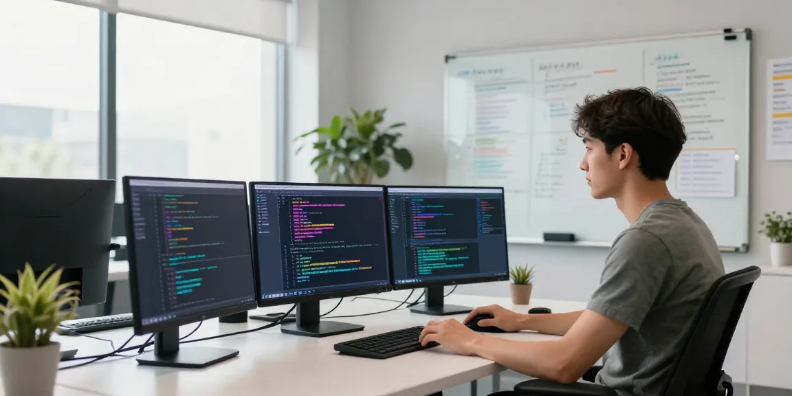 Secure VPS hosting workspace with a developer coding in a modern tech environment