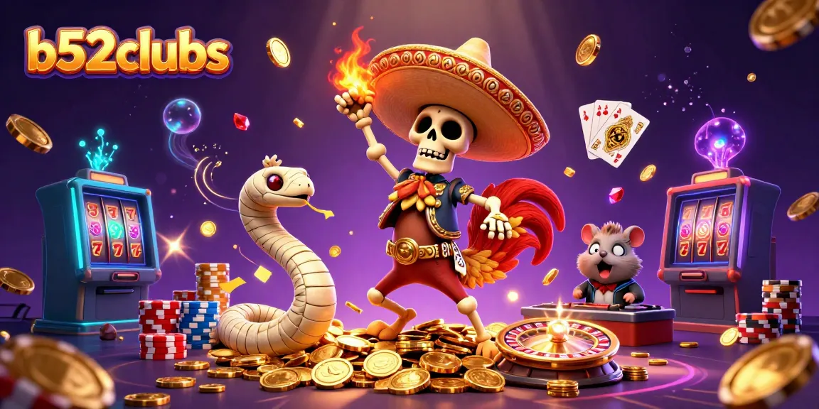 Experience the excitement at b52clubs with a dynamic casino-themed scene featuring unique characters and rich elements.