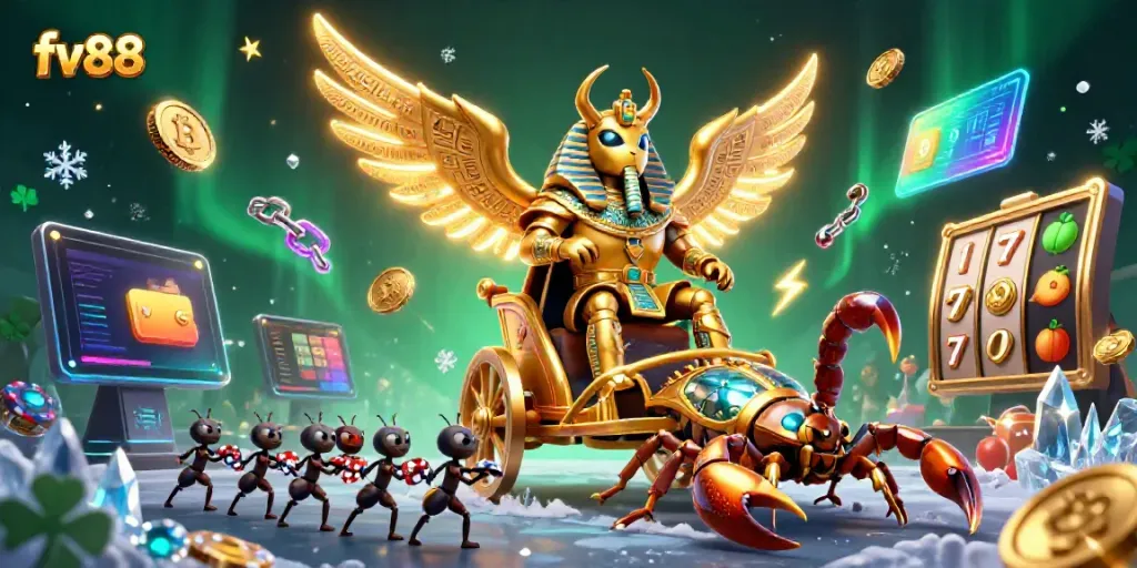 fv88 showcases a 3D golden scarab and dynamic casino elements for thrilling gameplay.