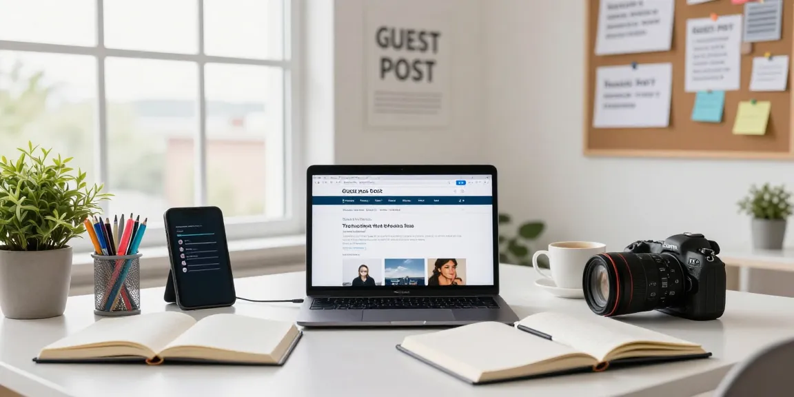 Engaging blogger analyzing high traffic guest post sites in bright home office