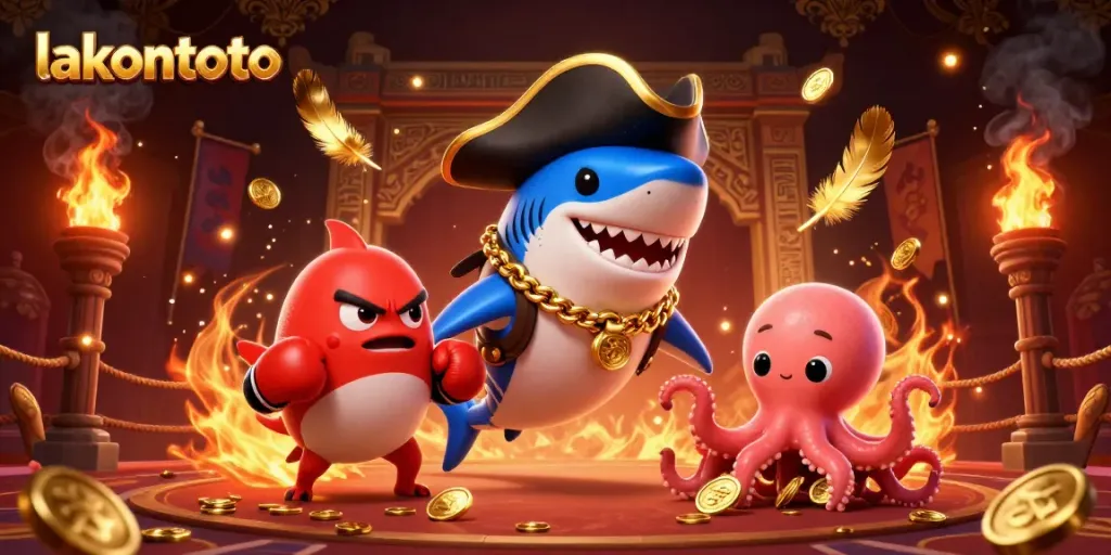 Gambarlah permainan seru di lakontoto dengan hiu kartun, ikan puff merah, dan bayi gurita memegang koin emas.