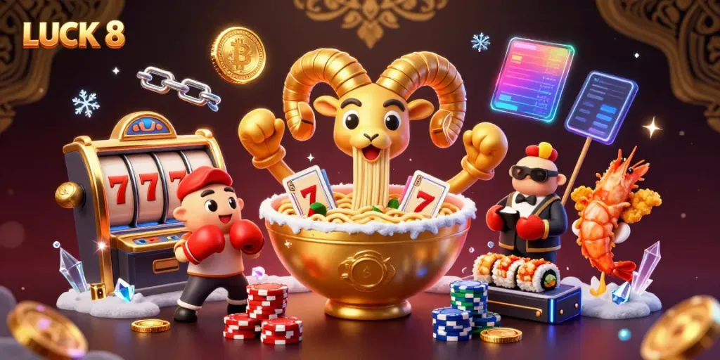 LUCK 8 showcases a dynamic casino scene with characters and vibrant 3D elements emphasizing winning strategies.