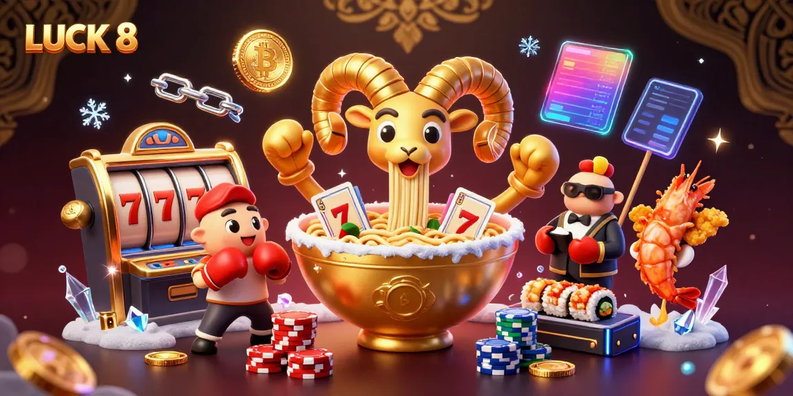 LUCK 8 showcases a dynamic casino scene with characters and vibrant 3D elements emphasizing winning strategies.