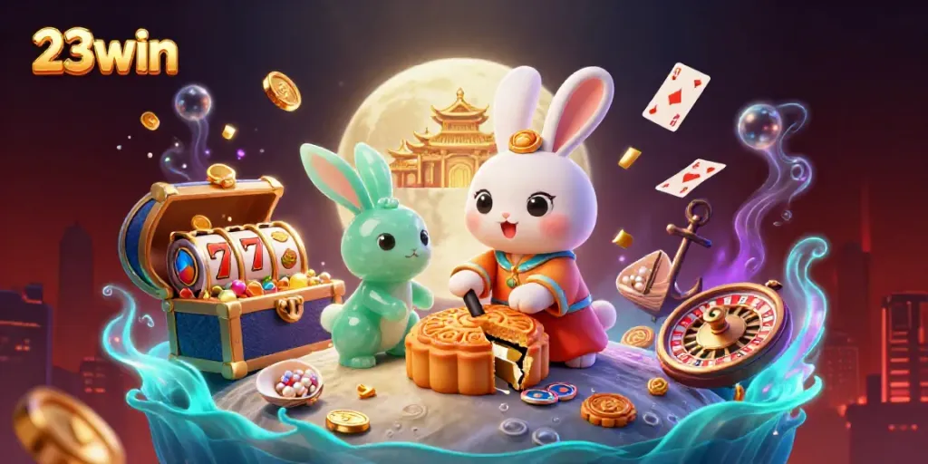 Experience the thrill of 23win's vibrant casino world with playful rabbit characters and rich gaming elements.