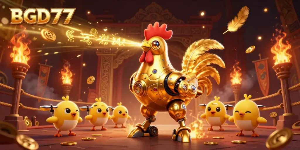 BGD77 engages players with a vibrant 3D casino scene featuring golden characters and dynamic betting elements.