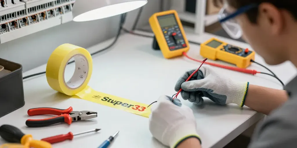 Using Super33 electrical tape for safe wire insulation in a professional workspace.