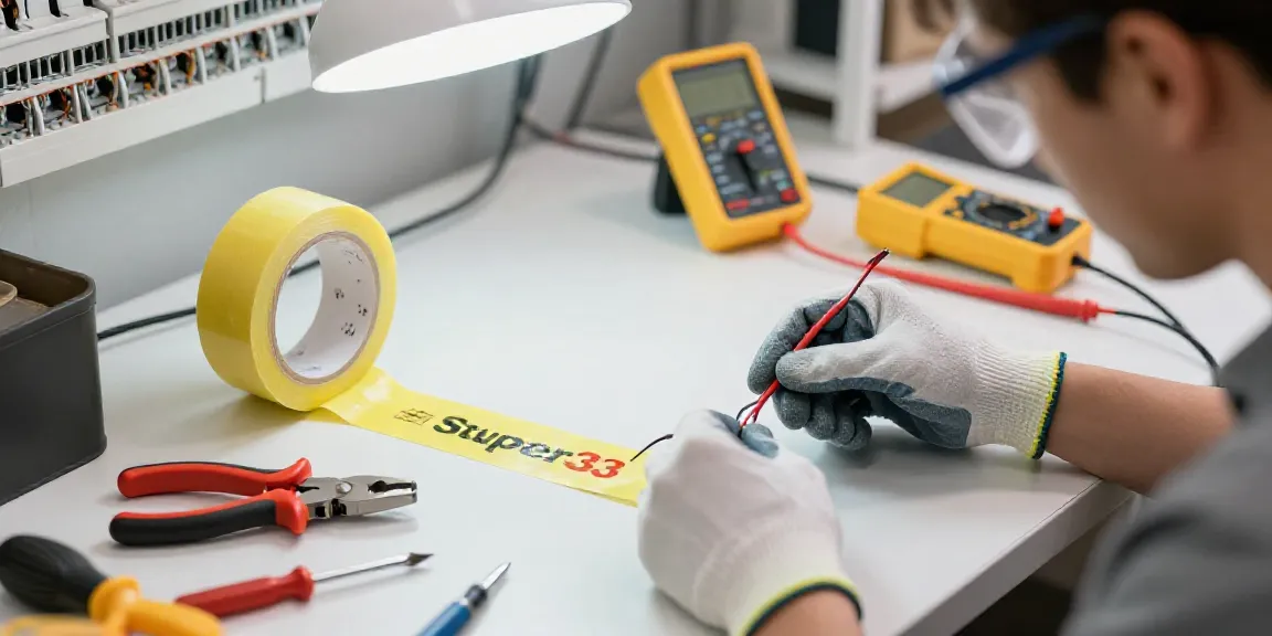 Using Super33 electrical tape for safe wire insulation in a professional workspace.