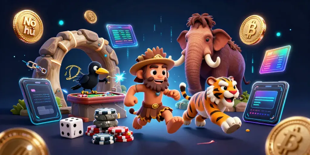 Nổ hũ showcases an energetic prehistoric casino scene with vibrant characters and digital elements.