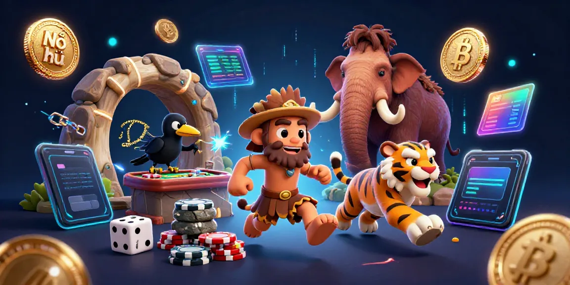 Nổ hũ showcases an energetic prehistoric casino scene with vibrant characters and digital elements.