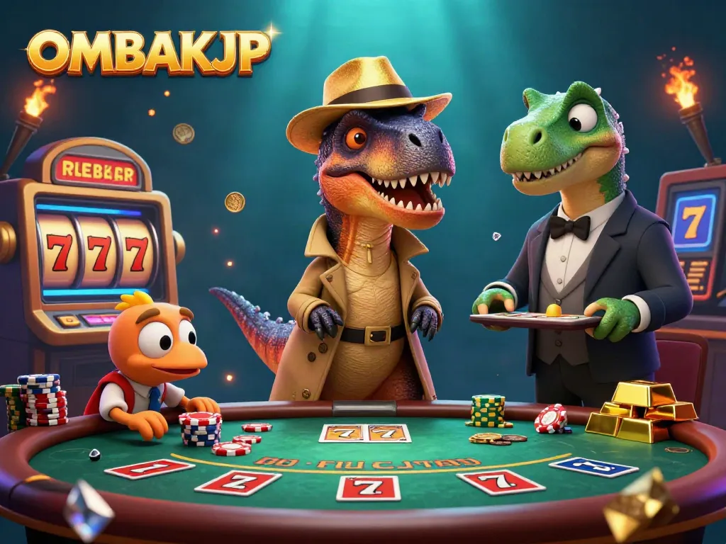 OmbakJP velociraptor card counter in a casino scene showcasing dynamic gaming and excitement.