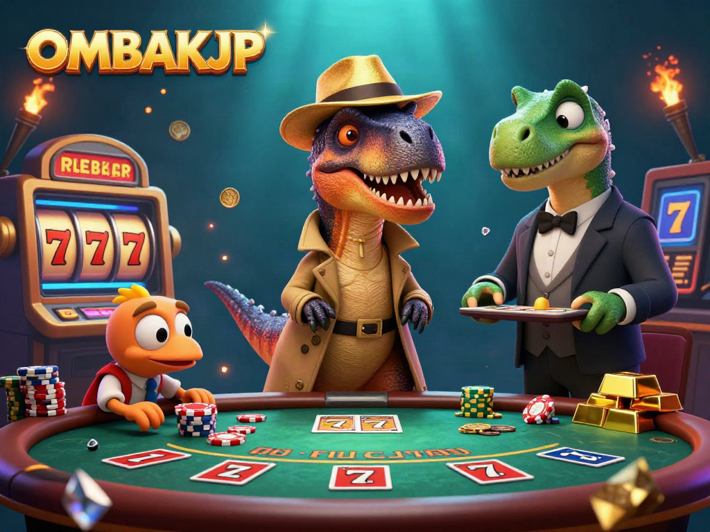 OmbakJP velociraptor card counter in a casino scene showcasing dynamic gaming and excitement.