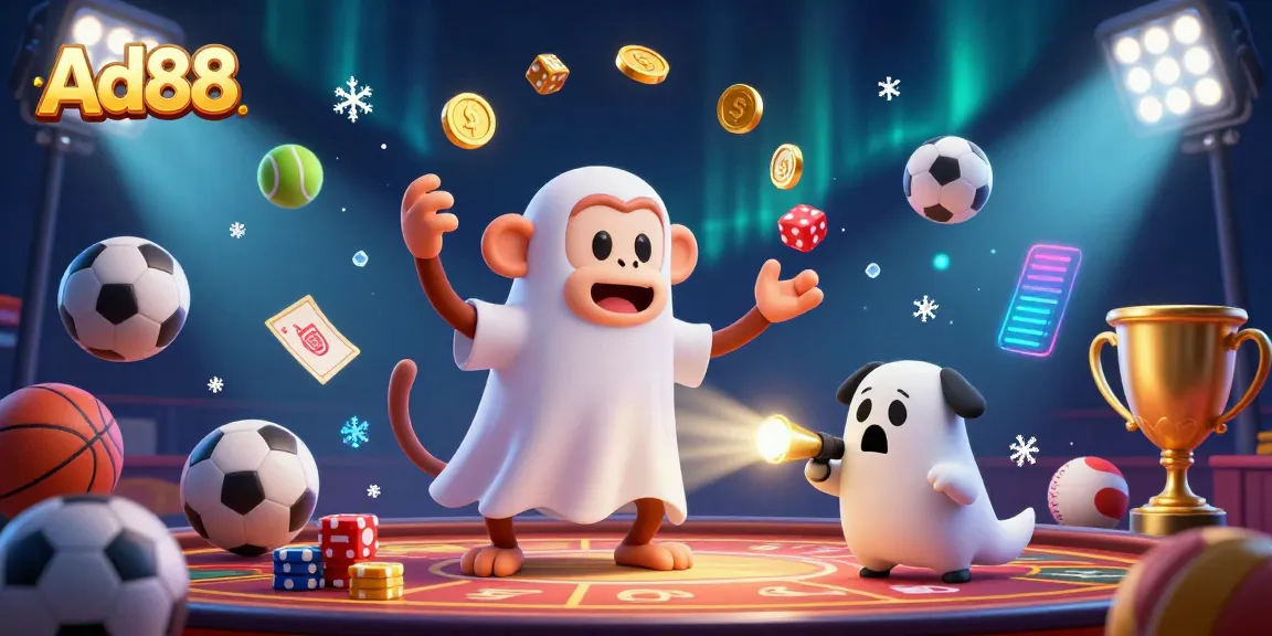 Experience the thrill of Ad88's casino with a poltergeist monkey juggling golden winnings amidst lively sports elements.