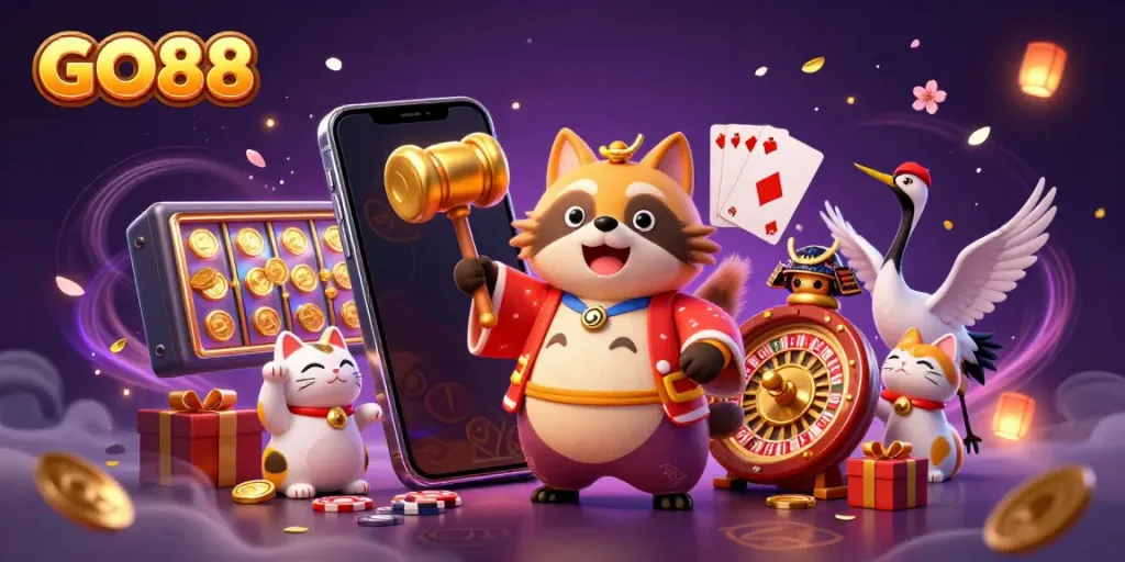 Experience exciting gameplay at GO88 with a cheerful tanuki, lucky mallet, and vibrant gaming elements.