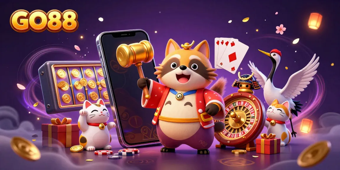 Experience exciting gameplay at GO88 with a cheerful tanuki, lucky mallet, and vibrant gaming elements.