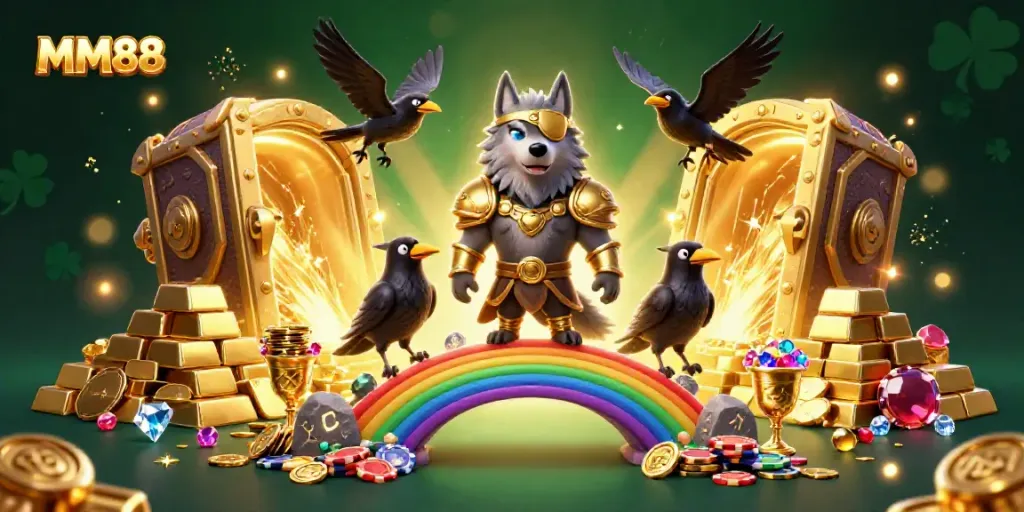Experience MM88's thrilling grandeur in this dynamic Norse mythology-inspired casino scene.
