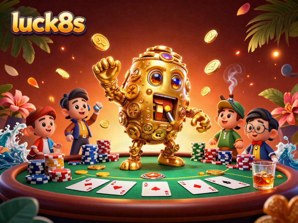 Experience the excitement of luck8s with a dynamic casino scene featuring golden golem and vibrant poker elements.