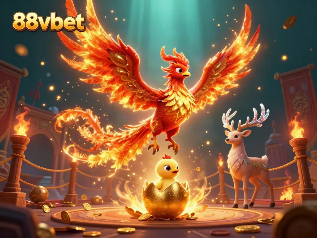 Join the thrilling action at 88vbet featuring a fiery phoenix and magical stag amidst golden casino elements.
