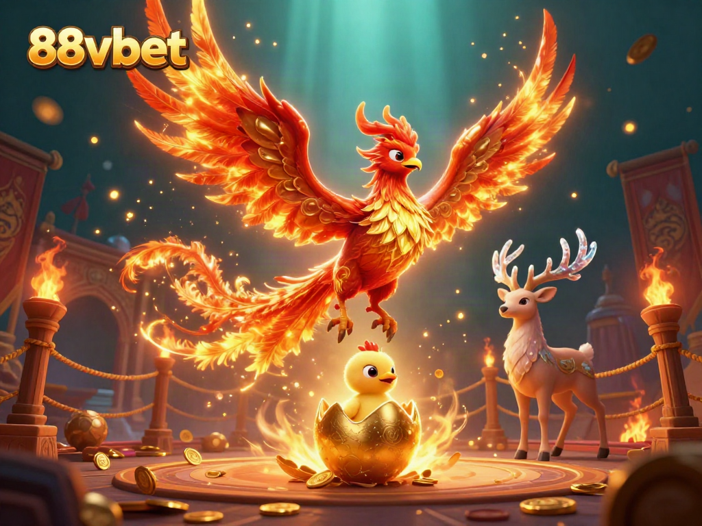 Join the thrilling action at 88vbet featuring a fiery phoenix and magical stag amidst golden casino elements.