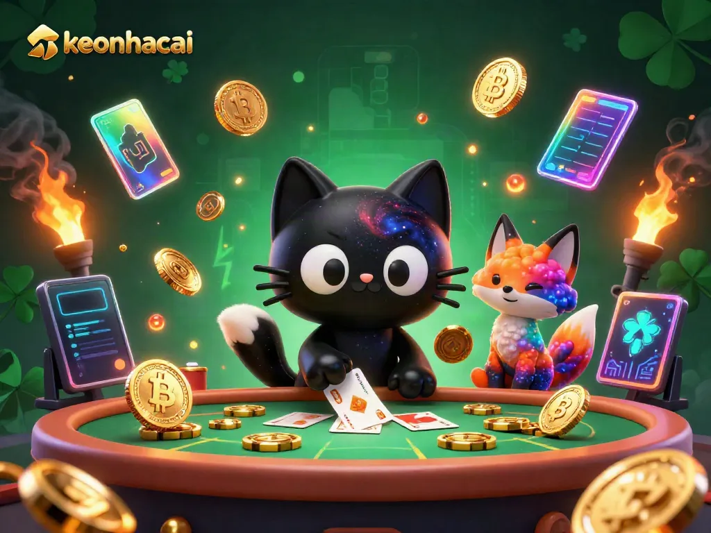 Engage with keonhacai's universe featuring a cosmic casino scene with cartoon characters and digital currency.
