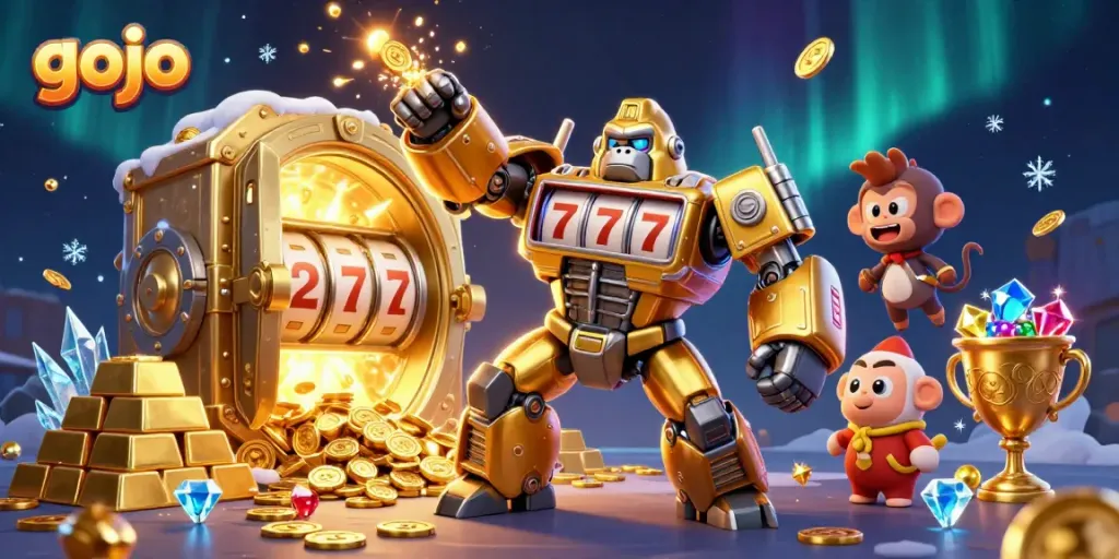 Gojo's 3D golden mech explodes with coins in a vibrant casino scene, showcasing action and excitement.