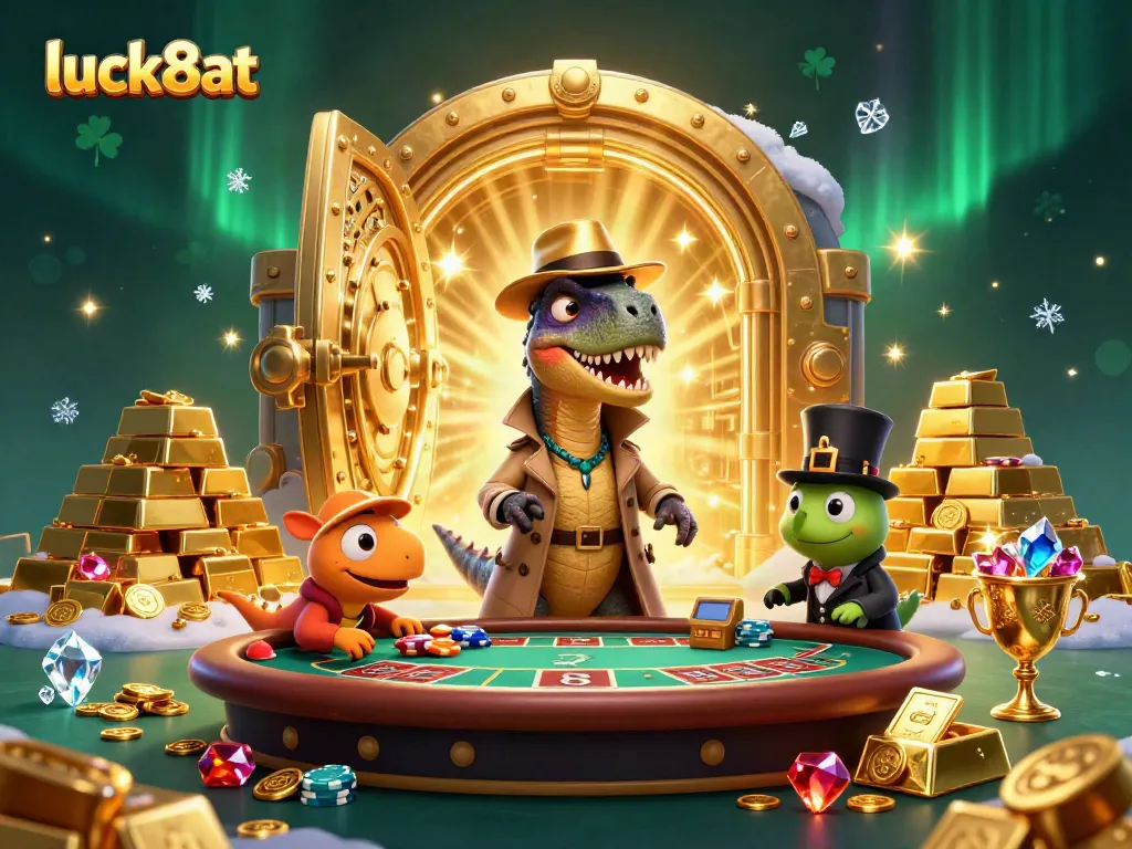 Luck8at velociraptor card counter engages at a vibrant blackjack table filled with sparkling treasures.