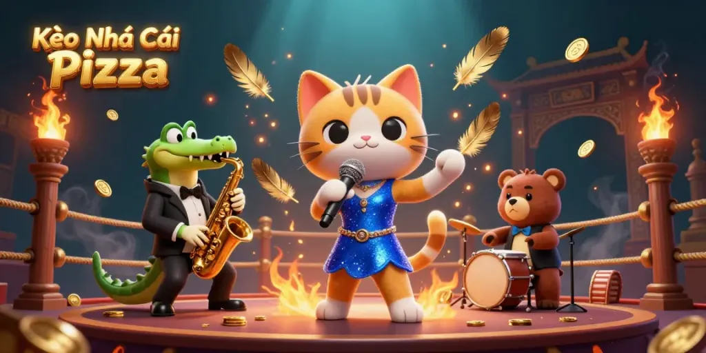 Kèo Nhà Cái Pizza showcases a lively 3D cartoon casino scene with vibrant characters and decorations.