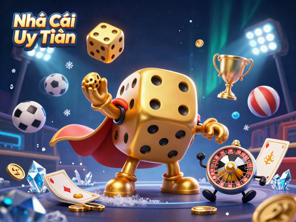 Play and win with Nhà Cái Uy Tín as golden dice and sports elements create an exciting online gambling scene.