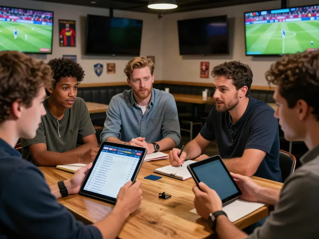 Engaging scene of journalists discussing ข่าวซื้อขายนักเตะ at a sports bar, highlighting the excitement of transfer news.