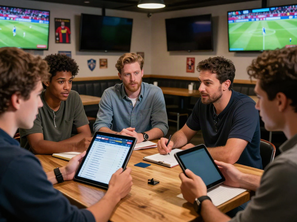 Engaging scene of journalists discussing ข่าวซื้อขายนักเตะ at a sports bar, highlighting the excitement of transfer news.