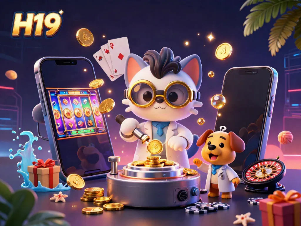 Experience H19 online gaming excitement with a dynamic slot game scene featuring wild scientist cat and assistant.