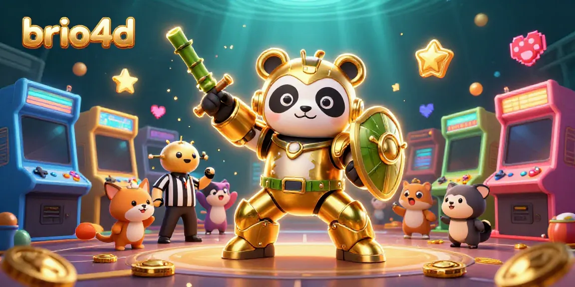 Engaging scene of the brio4d slot gaming arena with a golden panda mech character and colorful casino elements.