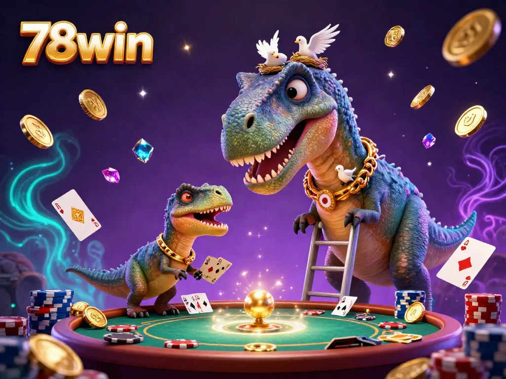 Engage with thrilling gameplay at 78win, highlighted by a whimsical 3D gambling scene featuring a cartoon brontosaurus and dynamic game elements.