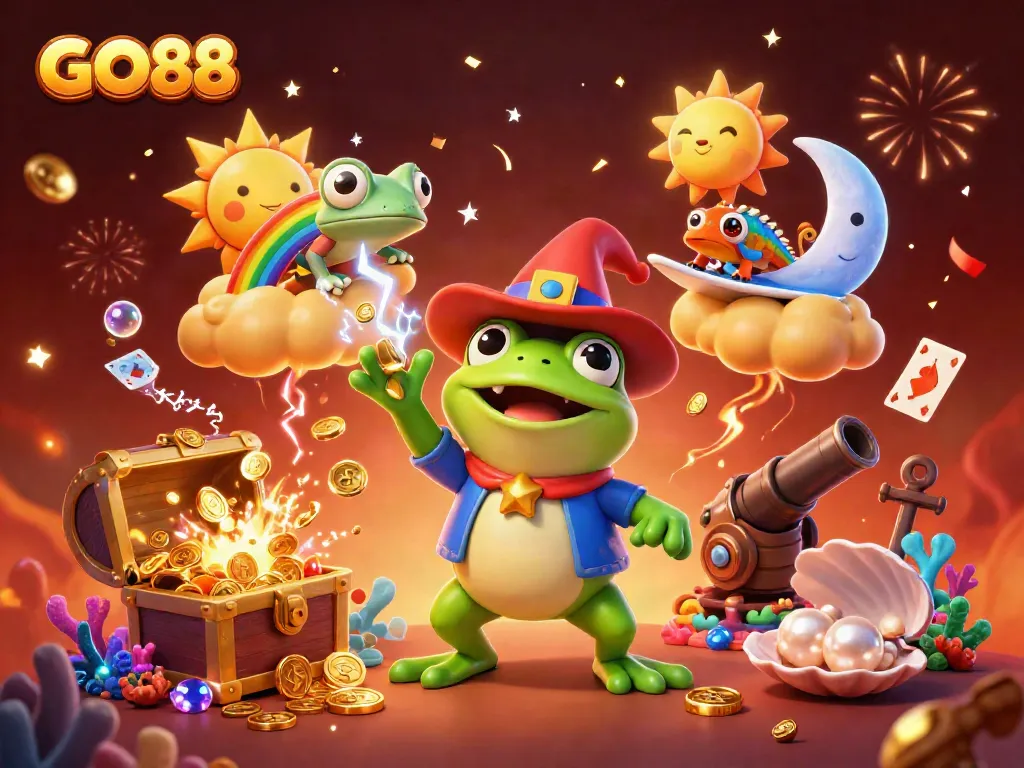 Experience the magic of GO88 with a vibrant illustration of a storm of golden coins and exciting casino elements.