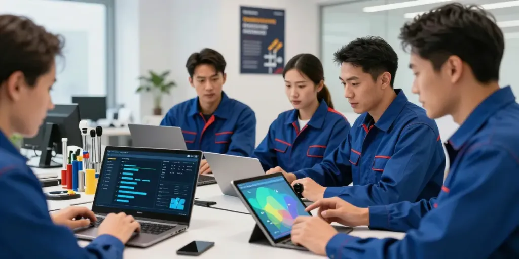 Team reviewing Plumbing Business Software in a modern office setting.