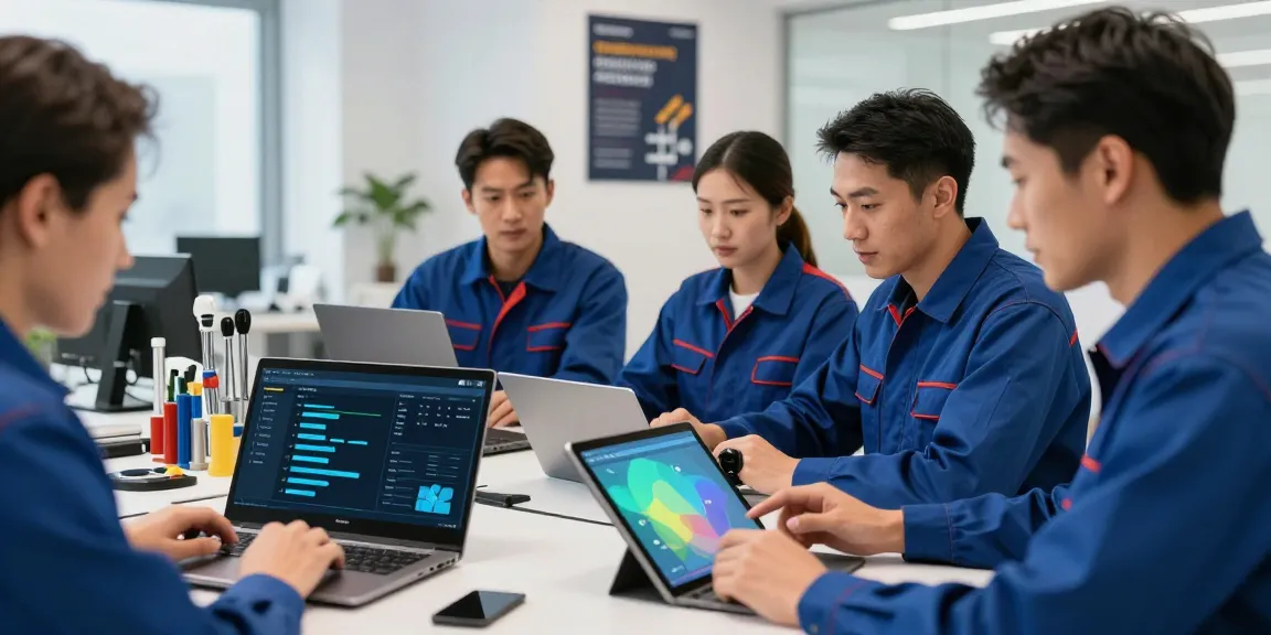 Team reviewing Plumbing Business Software in a modern office setting.