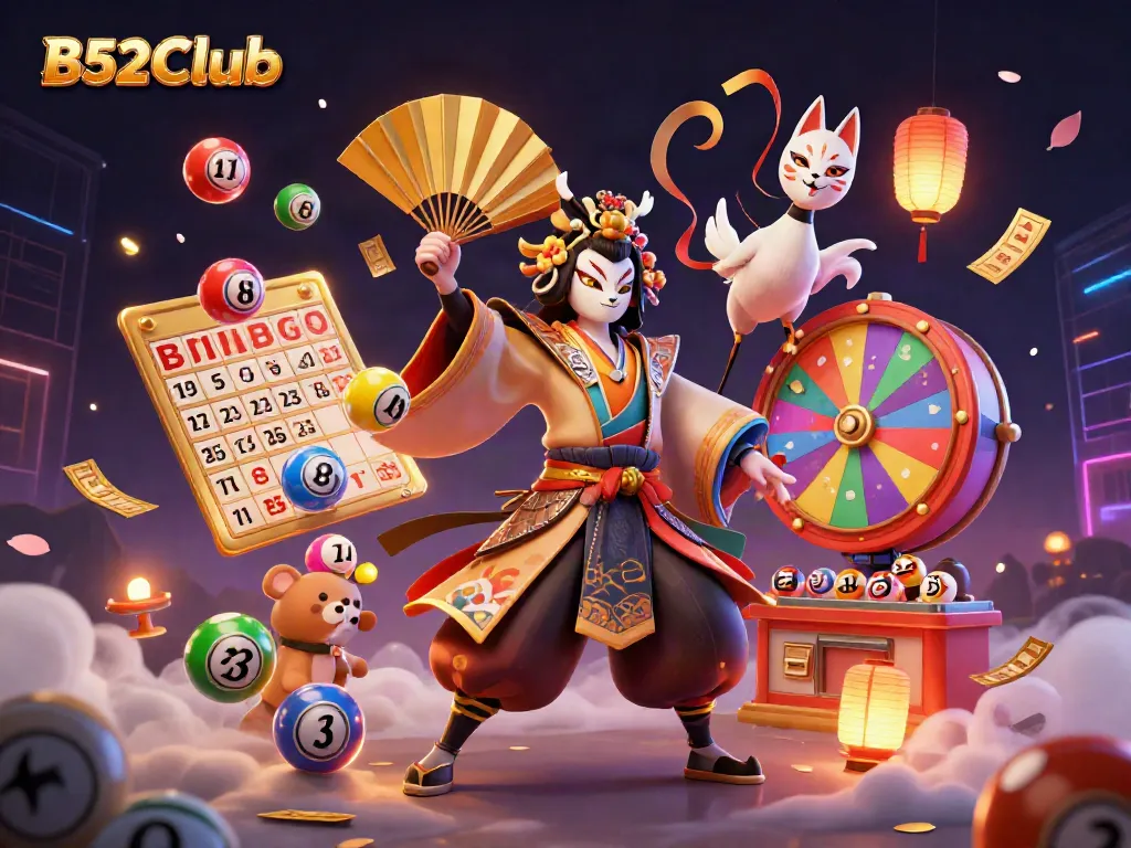 B52Club showcases wins with vibrant lottery balls and dazzling gaming elements in a lively casino scene.
