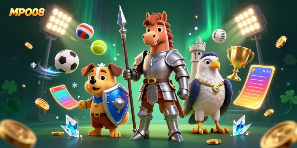 Engage with MPO08 for winning bets in a dynamic casino scene featuring a knight, squire, and falcon.