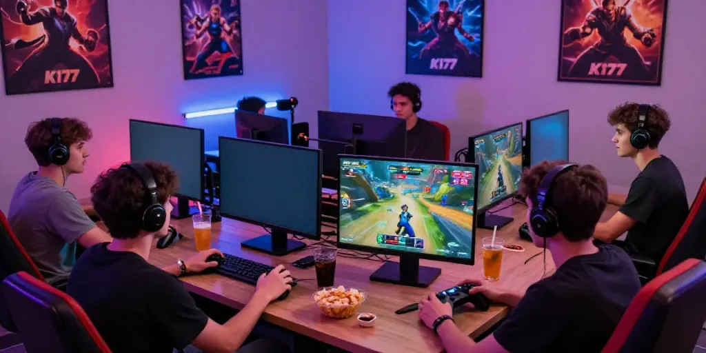 Group of friends playing K177 game with vibrant visuals on screen and snacks around.