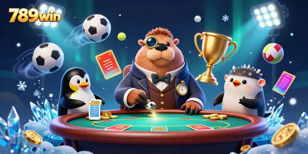 Engage in thrilling underwater poker action with 789win's vibrant casino ambiance featuring cartoon characters.