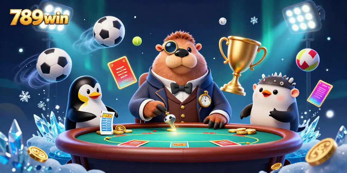 Engage in thrilling underwater poker action with 789win's vibrant casino ambiance featuring cartoon characters.