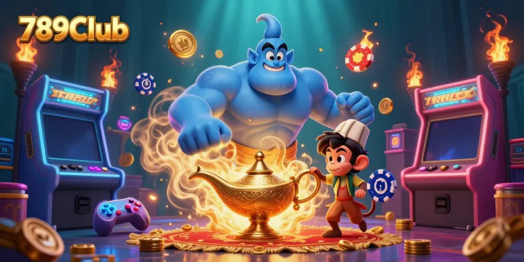Experience 789Club's exciting gaming environment with a genie and tokens, capturing thrilling outcomes.