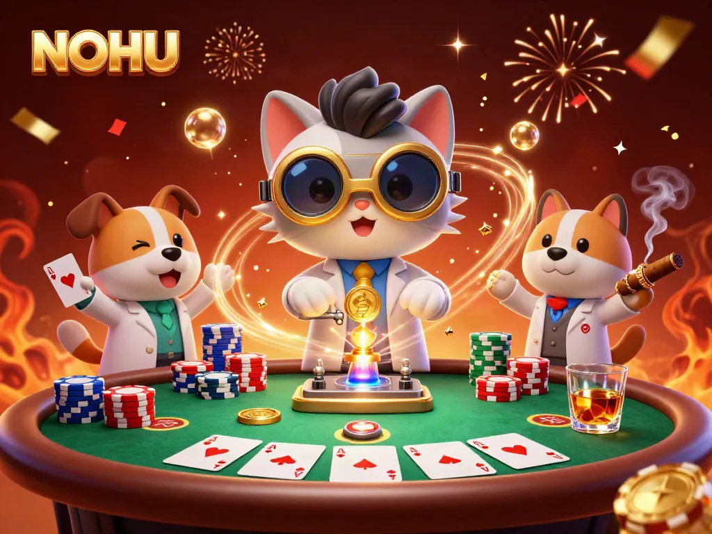 Engage in thrilling games at NOHU with a vibrant casino scene showcasing all-in poker excitement.