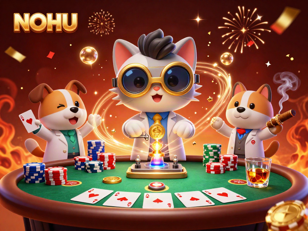 Engage in thrilling games at NOHU with a vibrant casino scene showcasing all-in poker excitement.