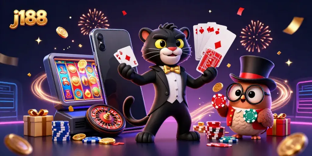 Experience j188 with a stylish panther dealer, owl, and lucky mouse in an exciting casino scene.