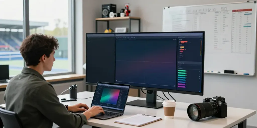 Tennis prediction algorithm analysis at a modern sports analytics office with data scientists engaging with real-time charts.
