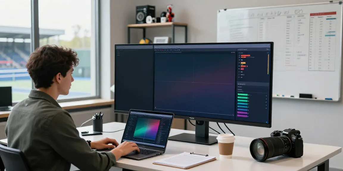 Tennis prediction algorithm analysis at a modern sports analytics office with data scientists engaging with real-time charts.