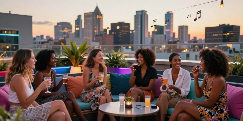 Women celebrating at a rooftop party, showcasing the vibrancy of lesbian porn culture with engaging interactions and stylish outfits.