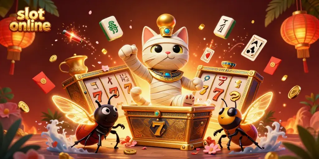 Slot online dengan mumi kucing dan elegan, menyemarakkan kasino dengan permainan kartu dan lampion.