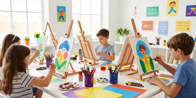 Children painting with various crayon manufacturers' products in a colorful studio.