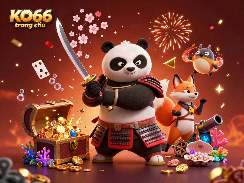 Experience excitement at KO66 trang chủ with a colorful 3D casino illustration featuring a samurai panda and a ninja fox.